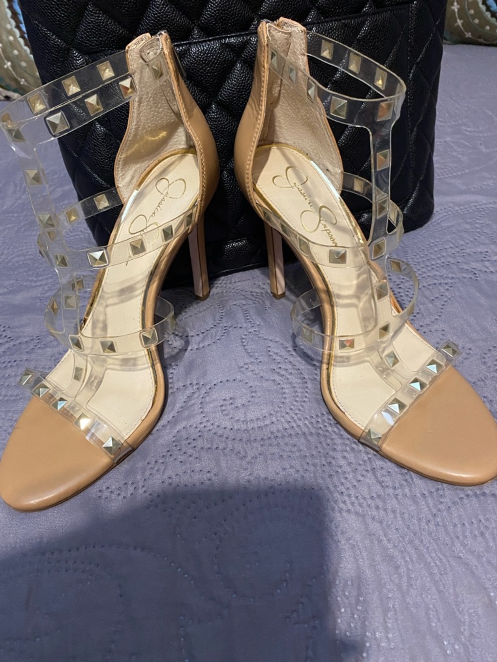 Jessica Simpson “Wavery“ Studded Caged Stiletto Heels – Tan/Clear. Size 10 M/42.